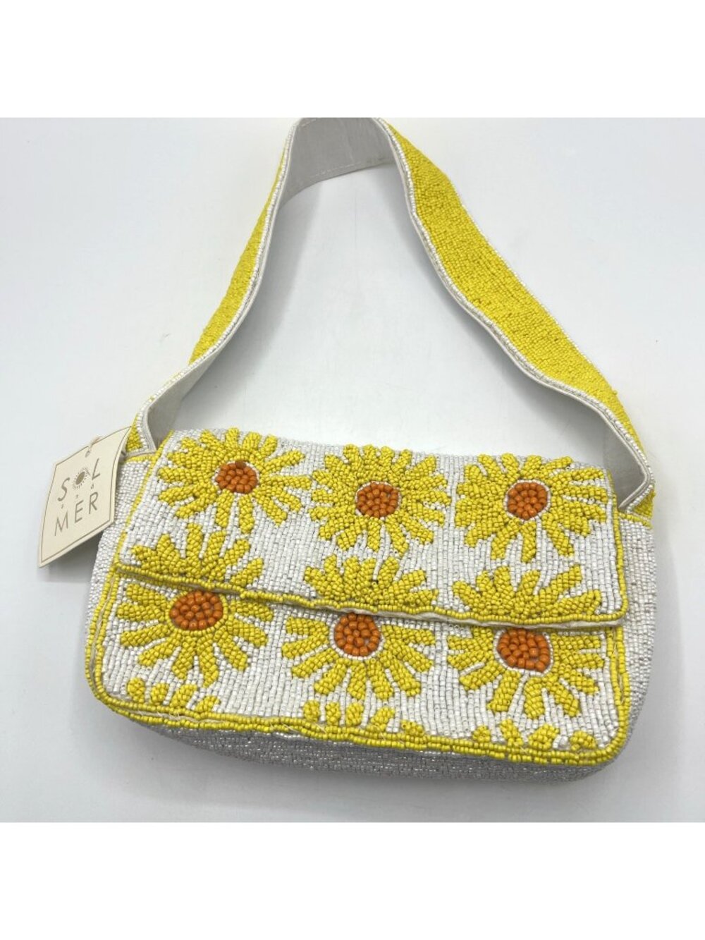 SOL and MER Beaded Sunflower Daisy Floral Baguette Bag Purse Yellow NWT Viral